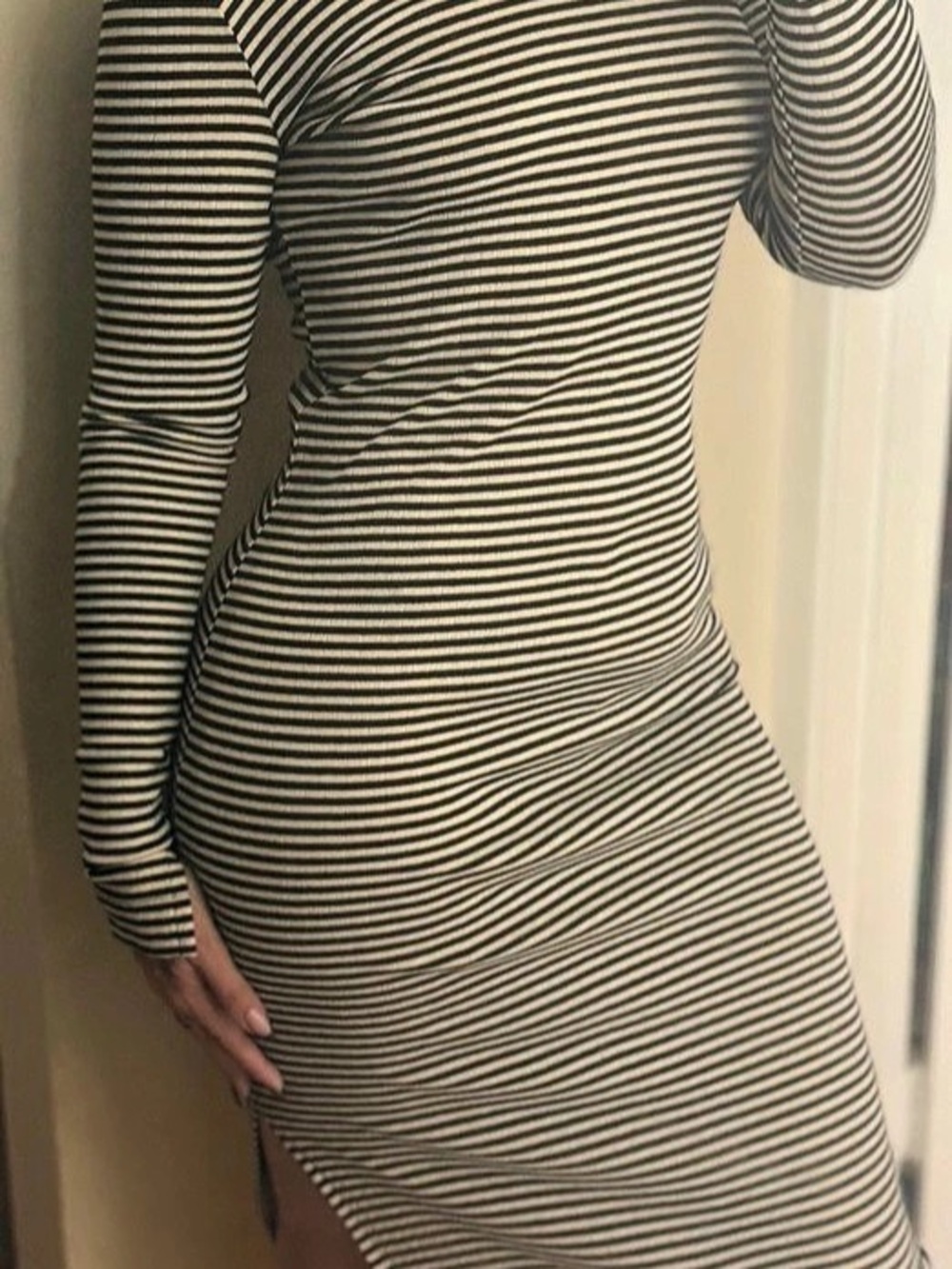 Striped Long Sleeve Midi Dress in Black & Cream Like New